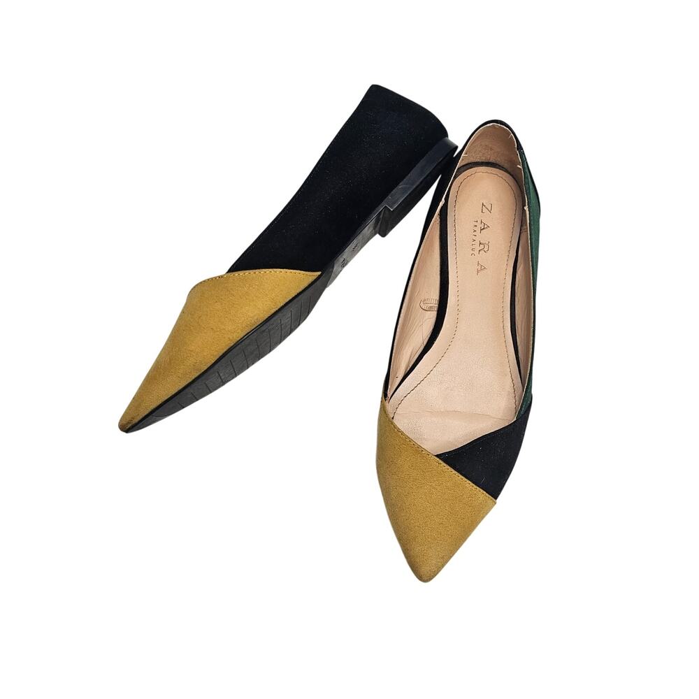 Zara Suede Colorblock Pointed Toe Flats Womens 6 EU 36 Yellow Black Green